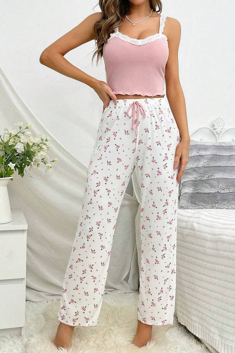 CWSPJ00486_FLORAL LACE CAMI AND PANTS SUMMER PAJAMA SET