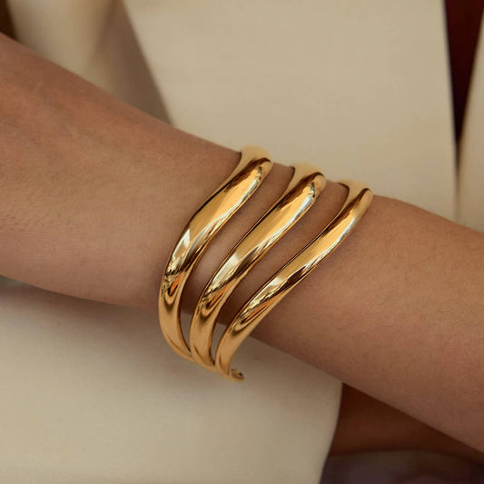 Minimalist 3-Layer Open Bangle, 18K Gold Steel