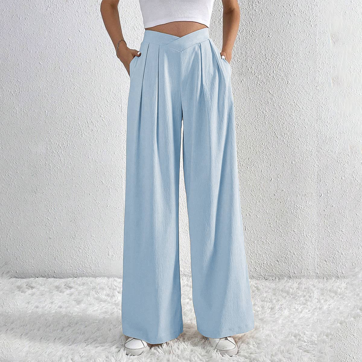 ASYMMETRICAL WAIST PLEATS CASUAL WIDE LEG SLACKS_CWBLP0603