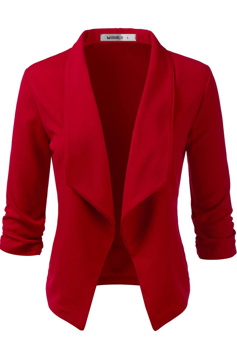 CWOBL091_Casual Work Ruched 3/4 Slv Open Front Blazer Jacket