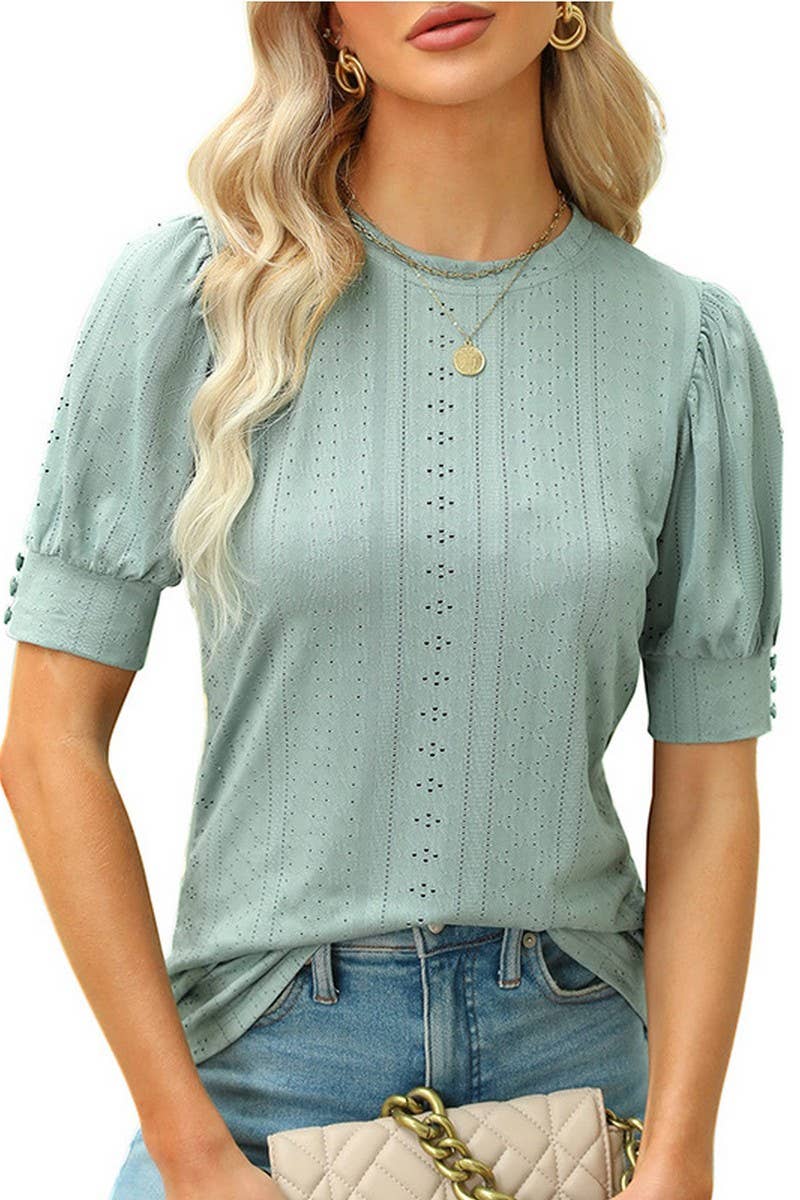 CWTBLS1599_ROUND NECK SOLID COLOR HOLLOW SHORT SLEEVE TOP