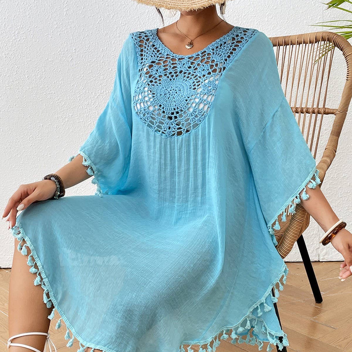 CROCHET PANEL TASSEL BIKINI BEACH COVER-UP