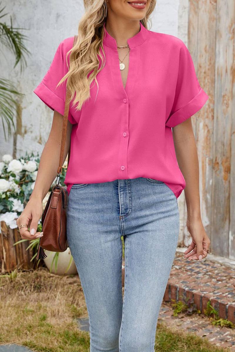 CWTBLS1797_SUMMER SOLID COLOR V-NECK LOOSE BUTTON SHIRT