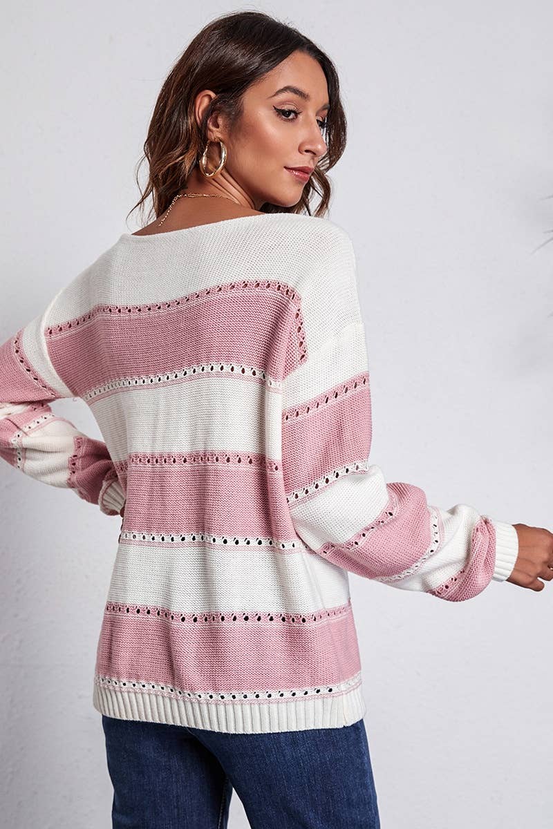 CWOSWL6409_OFF-THE-SHOULDER STRIPED LONG-SLEEVED SWEATER