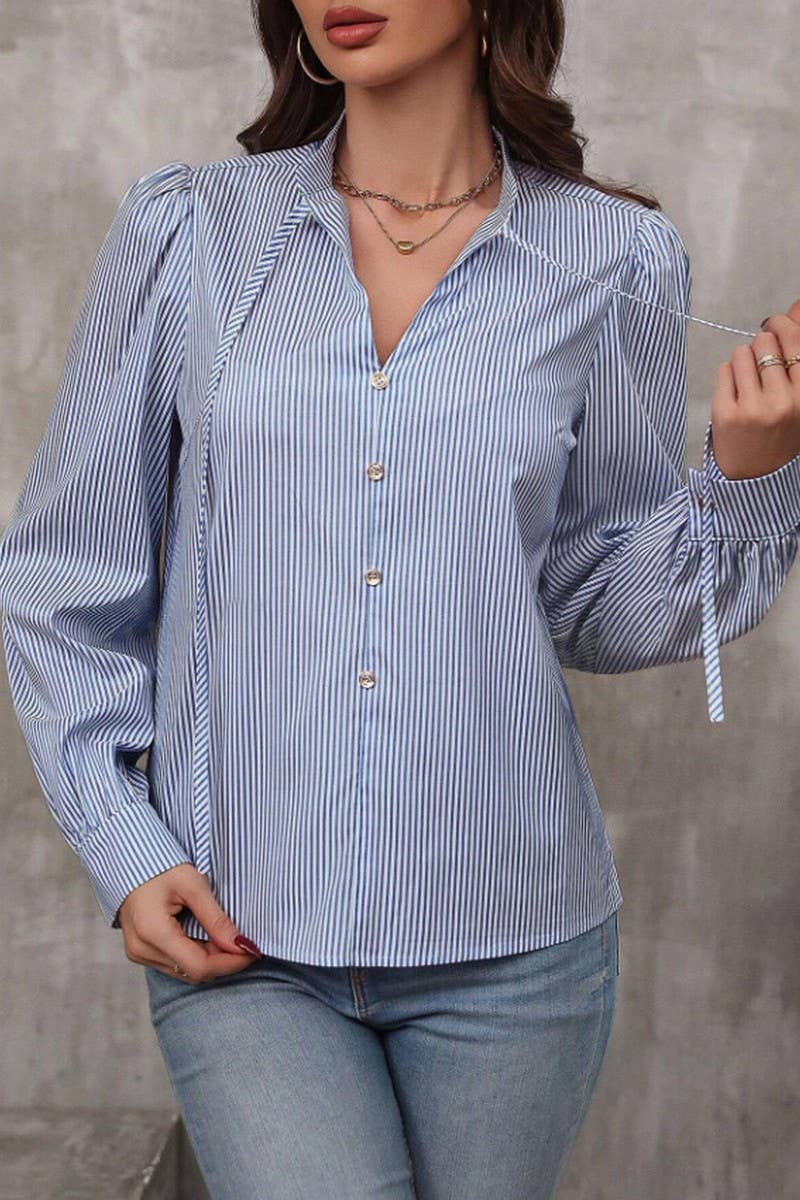 CWTSTL2886_STRIPED V-NECK TIE FRONT BUTTON LONG SLEEVE SHIRT
