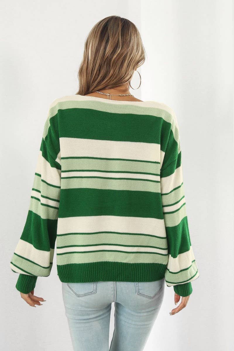 CWOSWL4085_STRIPED GRADIENT V-NECK LONG SLEEVE KNIT SWEATER