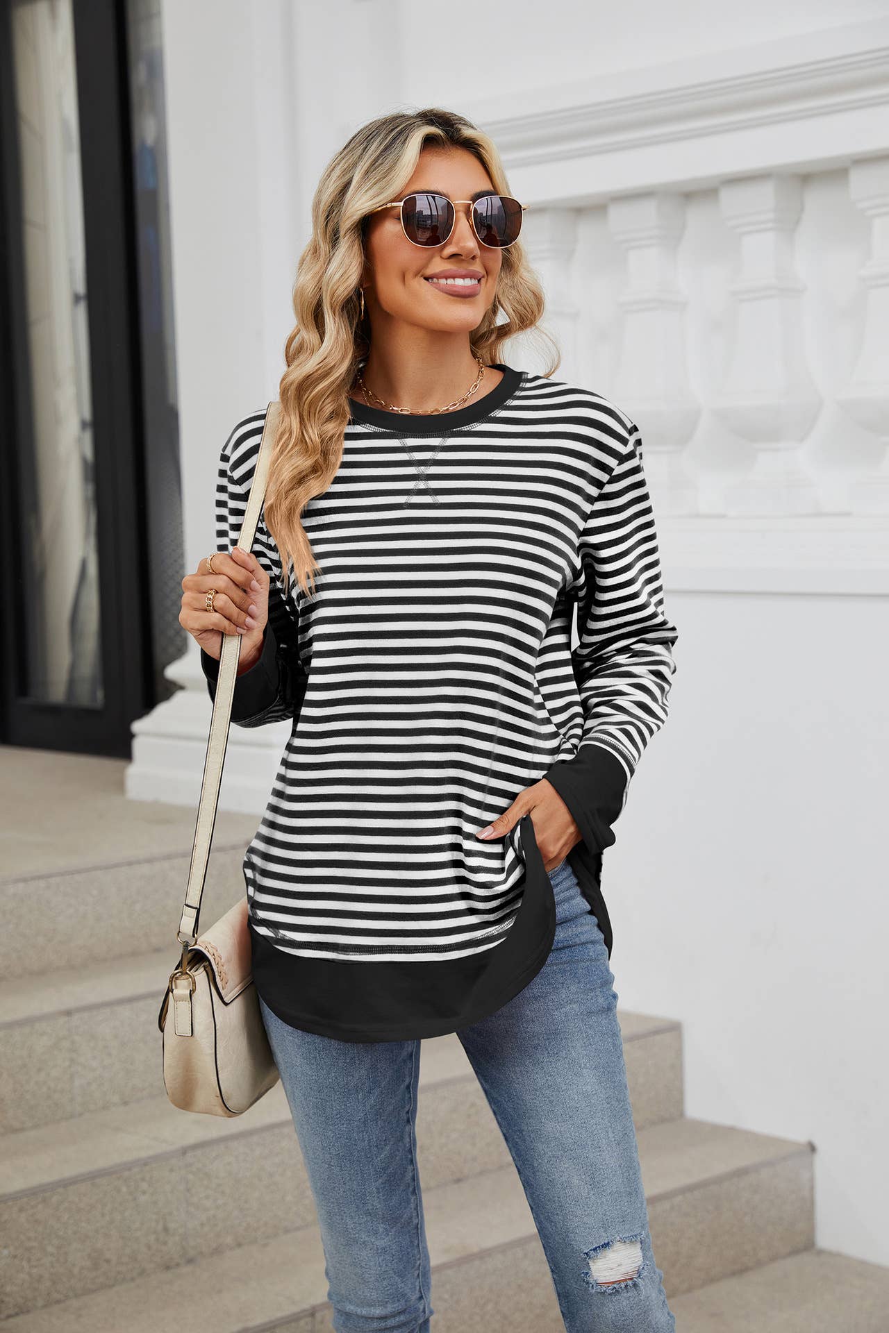 Crew-neck striped long-sleeved hoodie