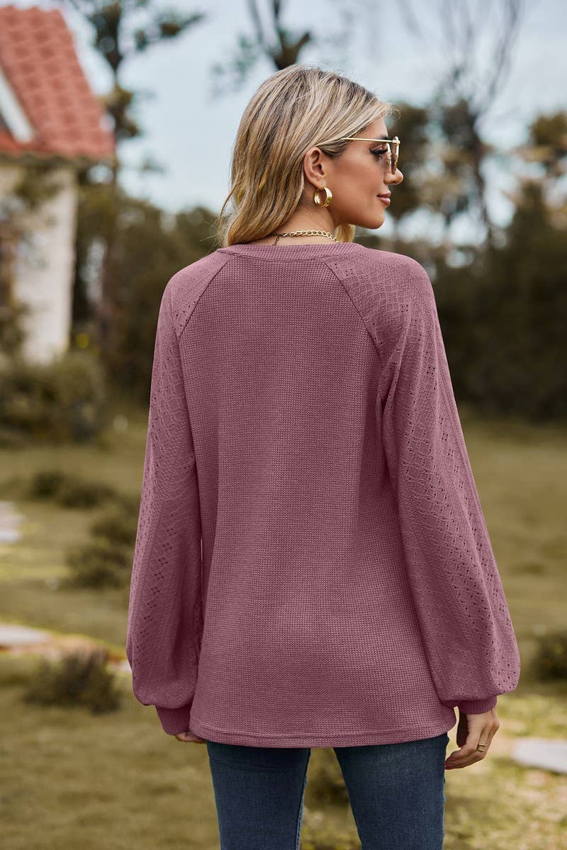 CWTBLL01313_V NECK WAFFLE KNIT SOLID LONG SLEEVE LOOSE TEE