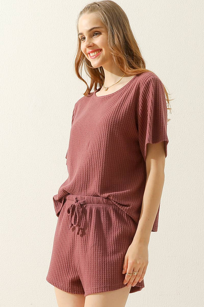 CWSTB274-P_SOLID WAFFLE KNIT TEE TOP & WAIST SHORTS SET