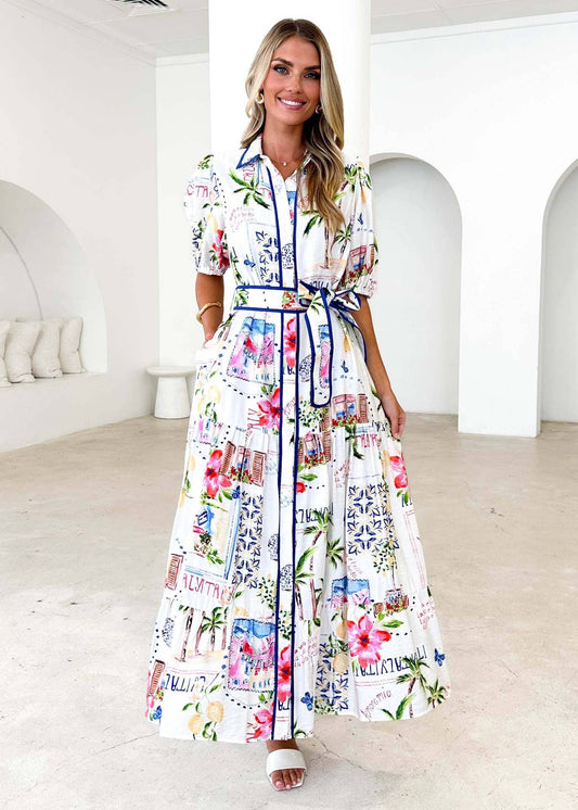 Floral printed lace-up short-sleeved dress