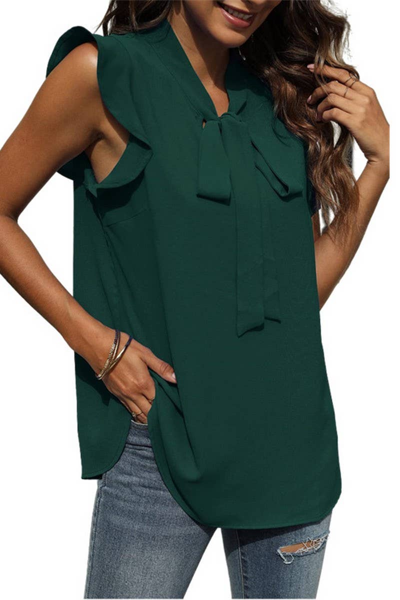 CWTTSL0520_SUMMER V-NECK LOTUS SLEEVE SOLID COLOR SHIRT