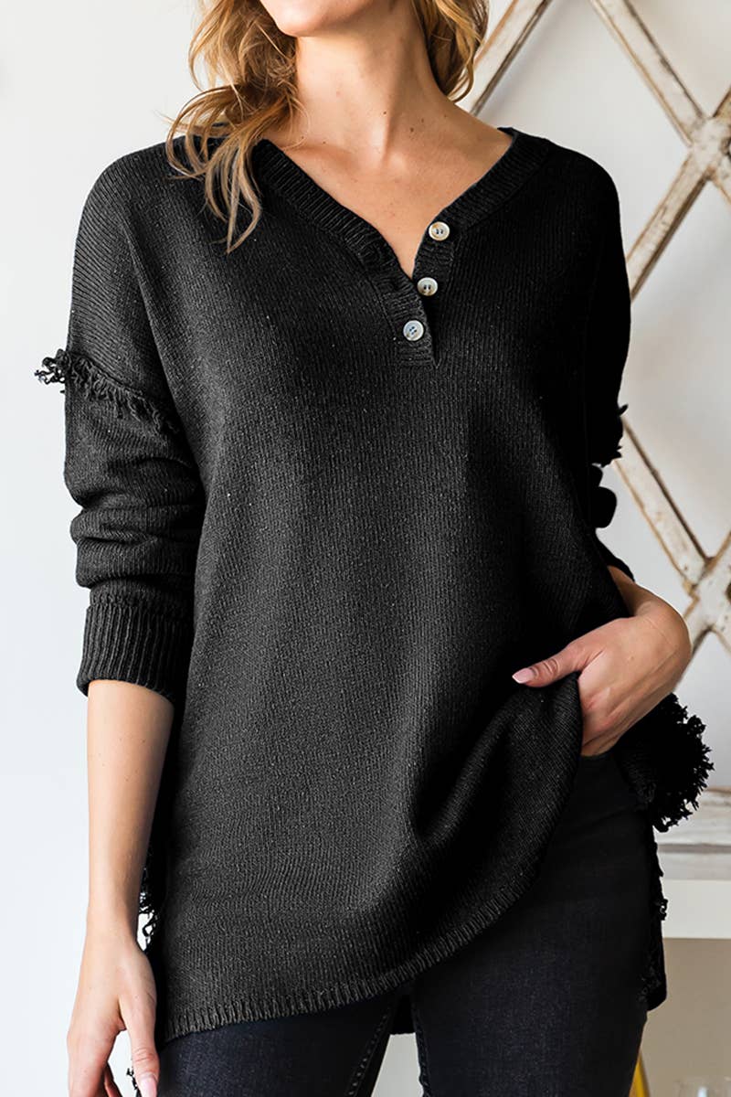CWOSWL646-P_BUTTON DOWN FRINGE SHOULDER SWEATER KNIT TOP