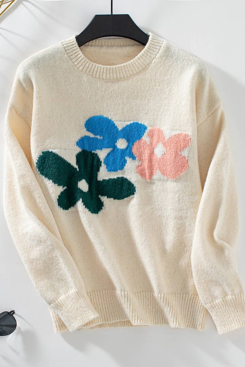 CWOSWL2914_CASUAL FLORAL PRINT CREW NECK KNIT TOP