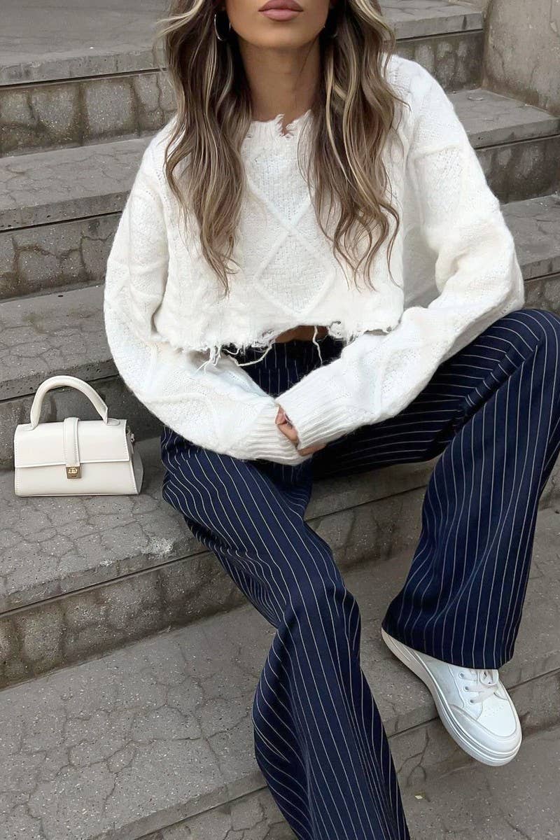 CWBLP1721_HIGH-WAISTED NAVY BLUE STRIPED STRAIGHT-LEG PANTS