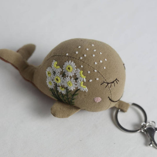 Hand-Embroidered White Flower Whale Plush Charm