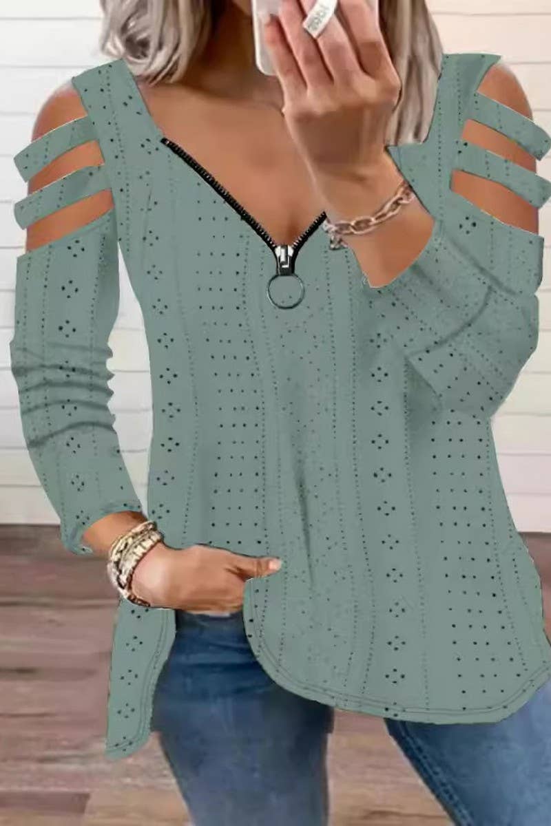 CWTBLL2868_V-NECK ZIPPER LOOSE SOLID COLOR LONG-SLEEVED TOP