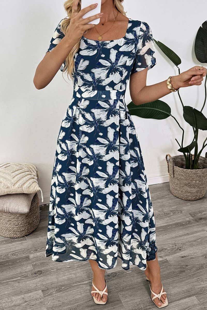 CWDMD5796_VINTAGE FLORAL SQUARE NECK WAISTED DRESS