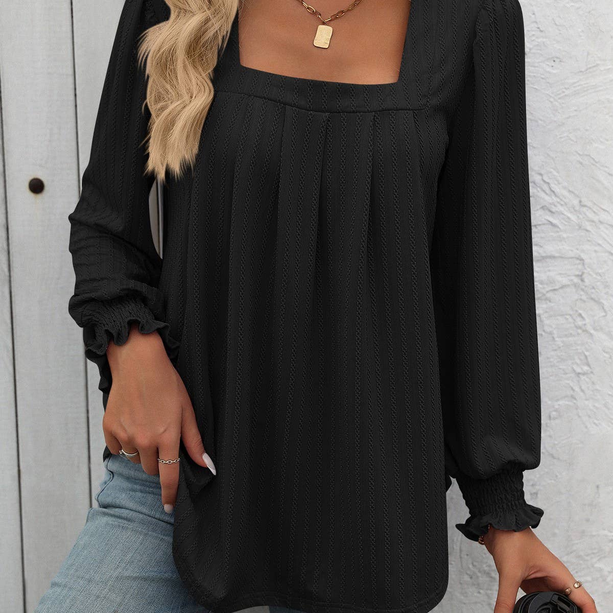 Casual square neck pleated long sleeve T-shirt