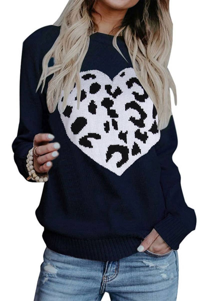 CWOSWL5177_WINTER LEOPARD PRINT LOVE LONG-SLEEVED SWEATER