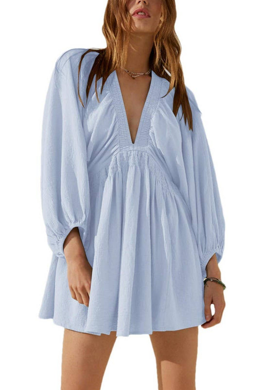 CWDSD8849_V-NECK LONG SLEEVE A-LINE PLEATED DRESS