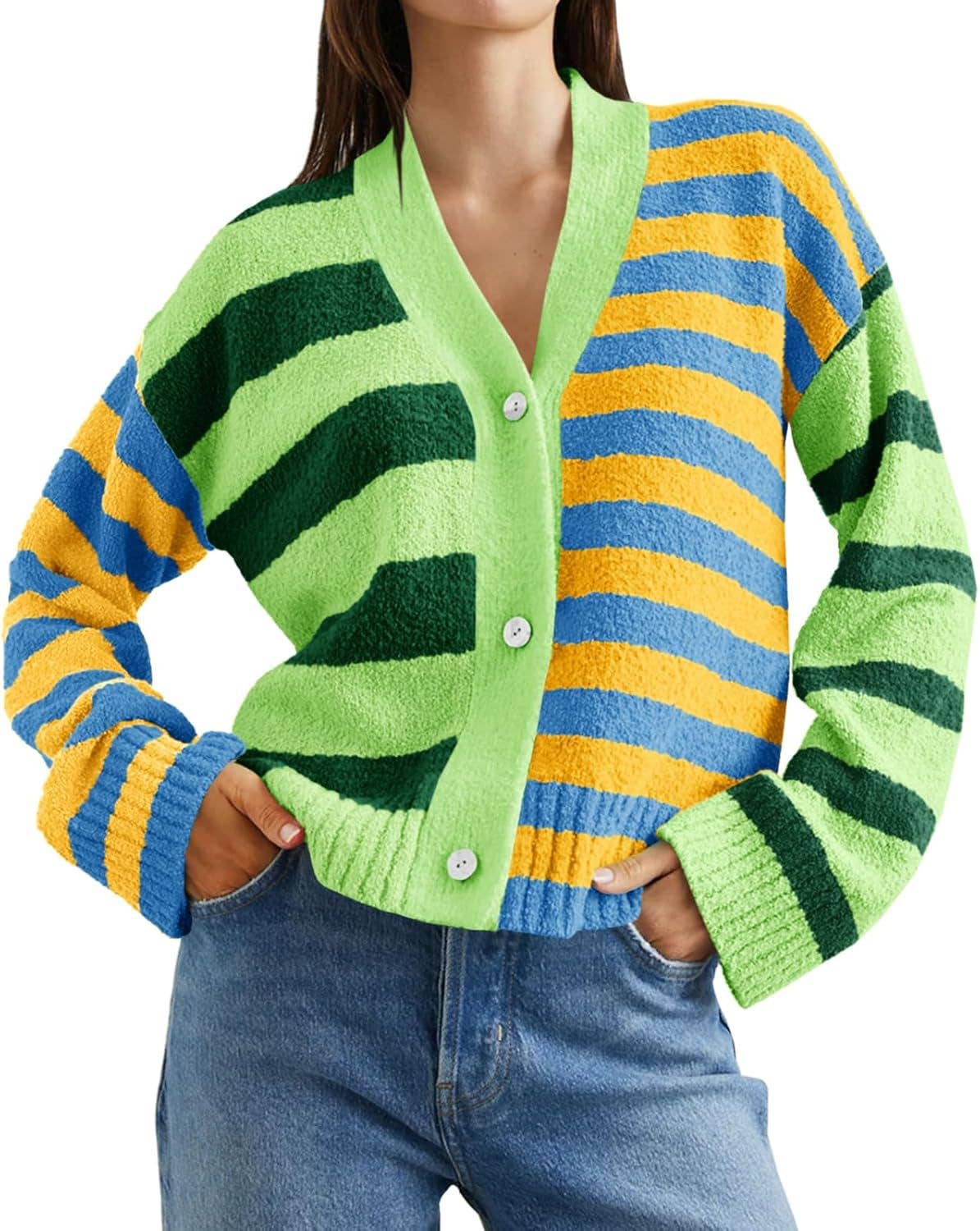 COLOR MATCHING STRIPED PLUSH LOOSE KNIT COAT