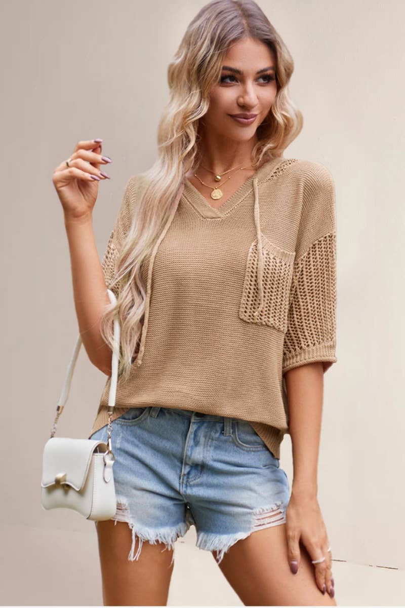 CWTBLS0745_SHORT-SLEEVED CUT-OUT HOODED SWEATER TOP