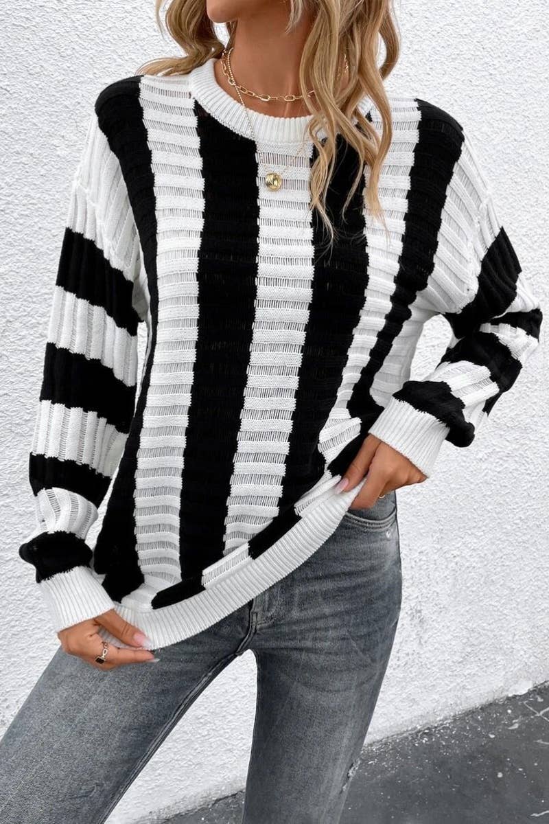 CWOSWL6323_AUTUMN WINTER LONG-SLEEVED STRIPED SWEATER
