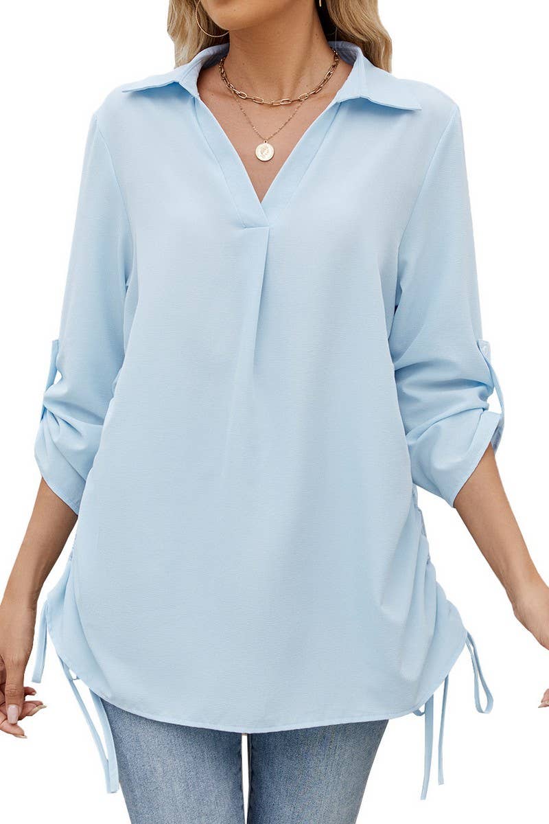 CWTBLL4020_SOLID COLLARED RUCHED 3/4 SLEEVE SHIRT DRESS TOP