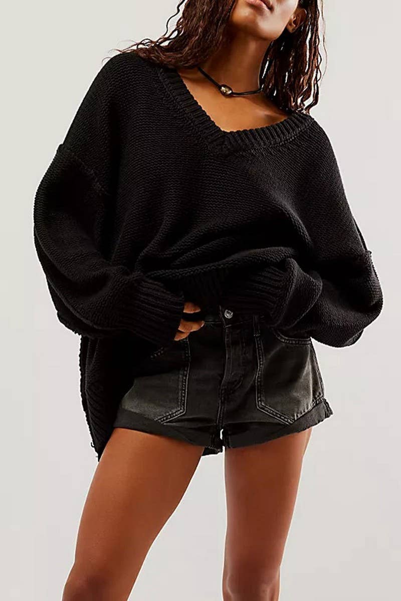CWOSWL6848_WINTER V-NECK LOOSE FASHION PULLOVER SWEATER