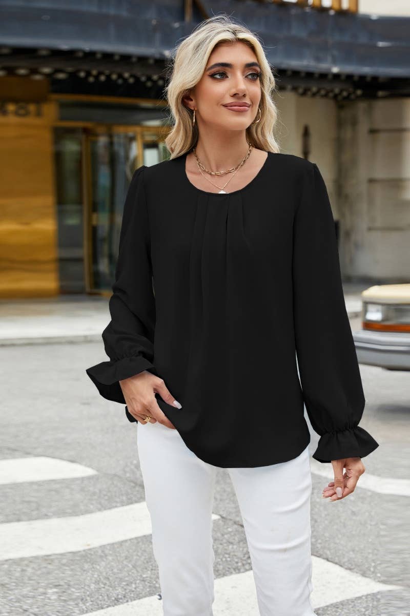 CWTBLL2939_SPRING AUTUMN SOLID COLOR CHIFFON LONG SLEEVE TOP