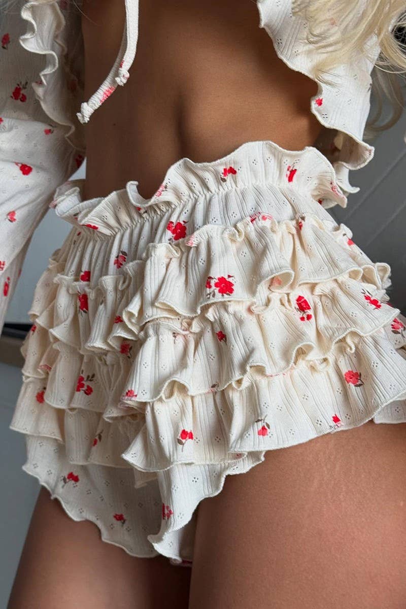 CWSPJ459_KNITTED PRINTED RUFFLED BREATHABLE PAJAMA SET