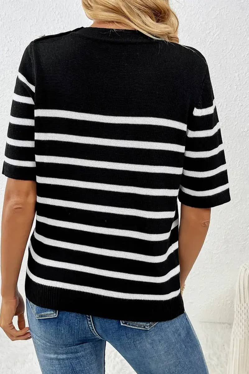 CWTTS1309_STRIPED FASHION ROUND NECK SHORT SLEEVE SWEATER