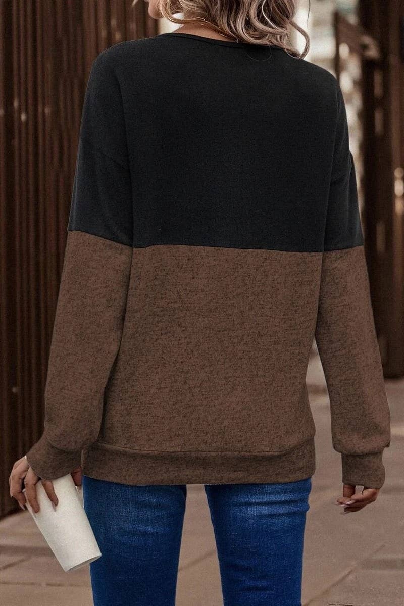 CWTBLL1424_V-NECK CROSS-CONTRAST DROPPED SHOULDER SLEEVE TOP