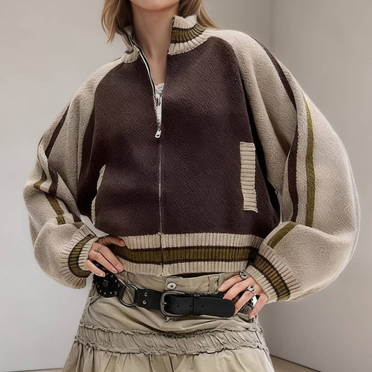 American retro loose zipper knitted coat