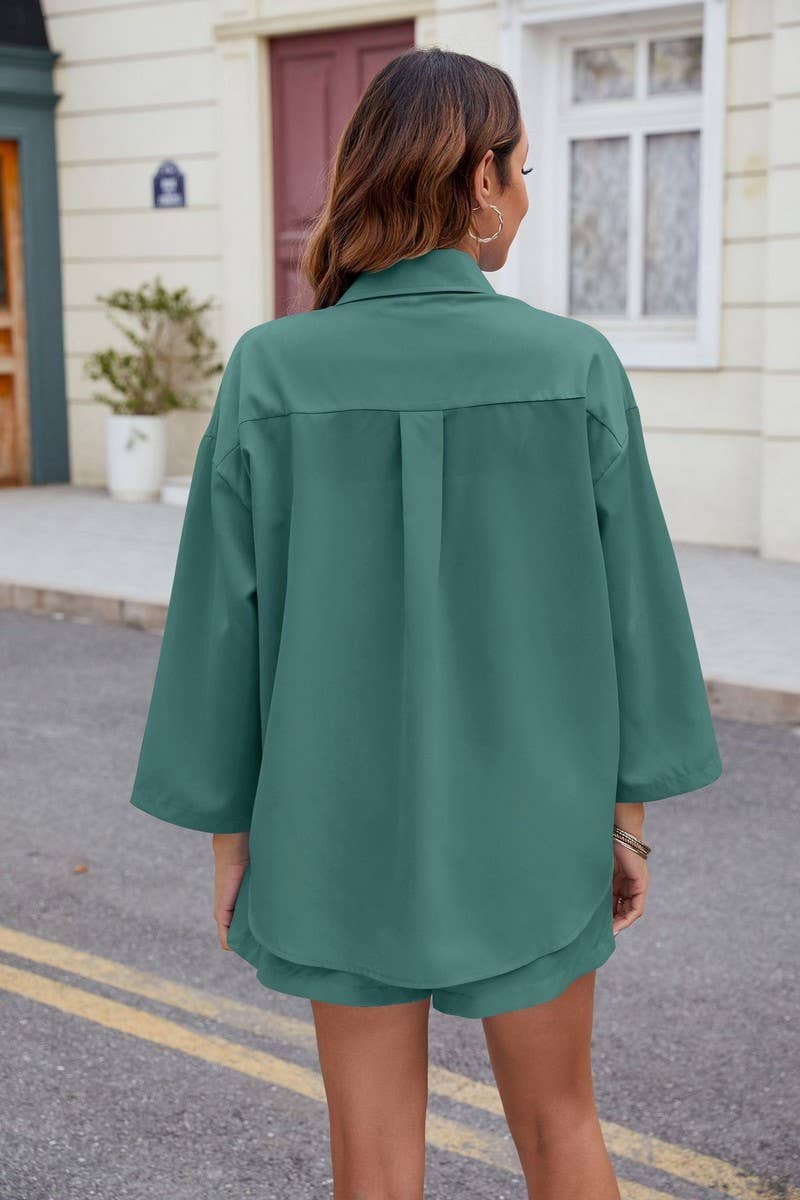 CWSTB1677_LAPEL THREE-QUARTER SLEEVE SHIRT AND SHORTS SUIT