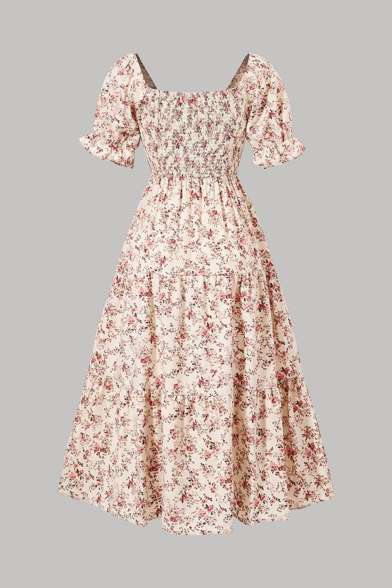 CWDMD6343_SUMMER SQUARE NECK PUFF SLEEVE FLORAL DRESS