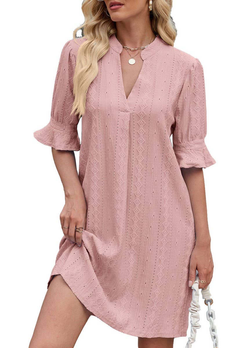 CWDSD7277_V-NECK CASUAL TRUMPET SLEEVE SHORT-SLEEVED DRESS