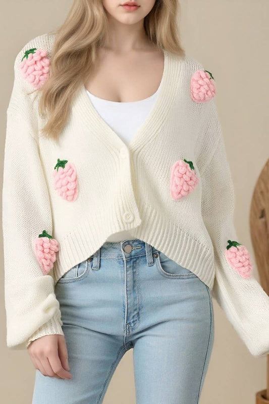 CWOCAL2353_3D STRAWBERRY PATTERN KNITTED CARDIGAN SWEATER