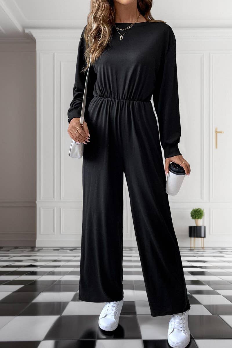 CWSS1083_CASUAL SOLID COLOR HIGH WAIST LONG SLEEVE JUMPSUIT