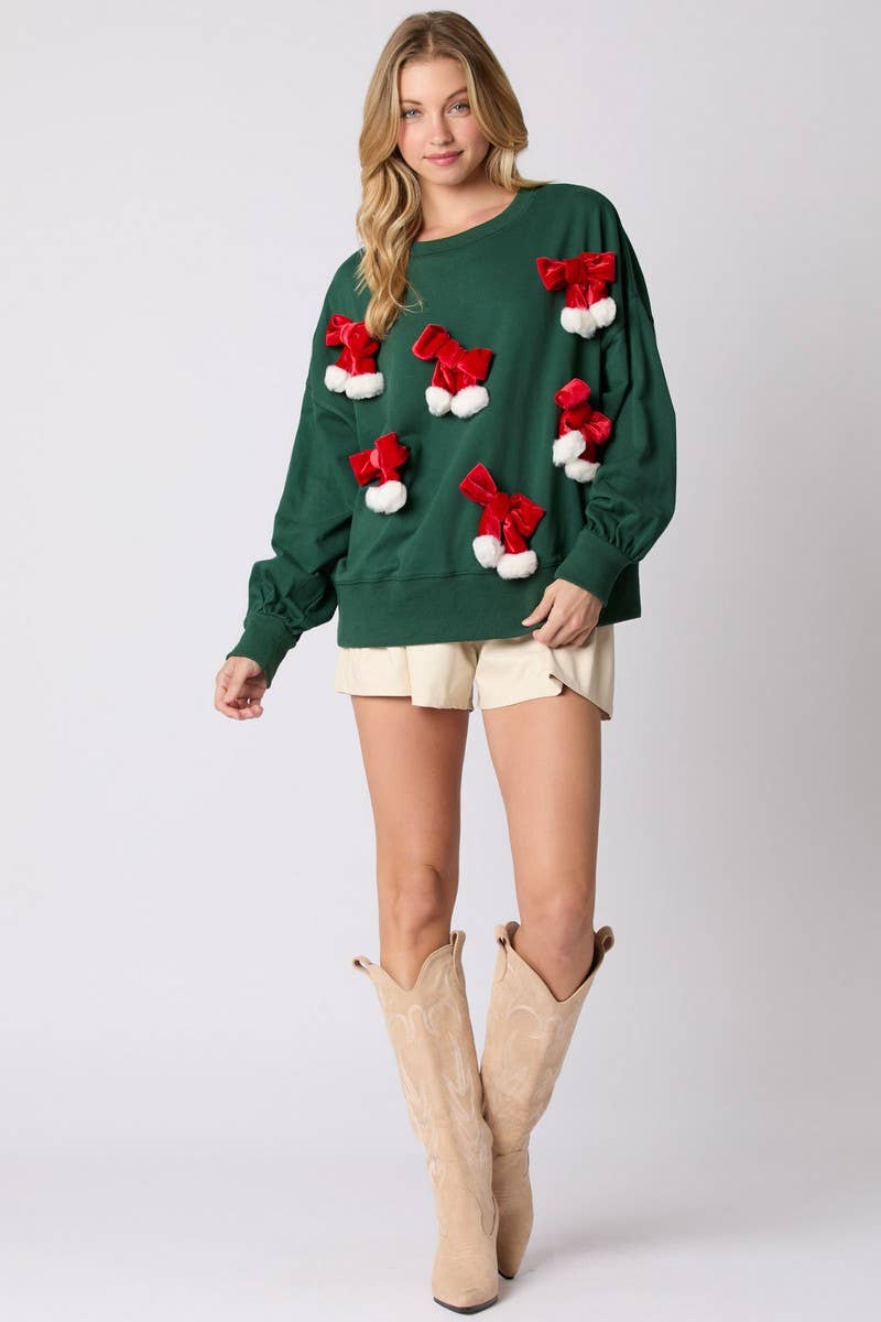 CWTBLL01275_CHRISTMAS BOW DECOR PULLOVER SWEATSHIRT
