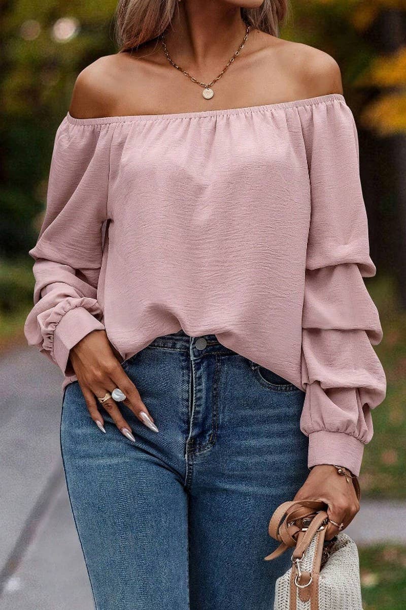 CWTBLL4006_SOLID OFF SHOULDER KNOT SLEEVE LONG SLEEVE SHIRT