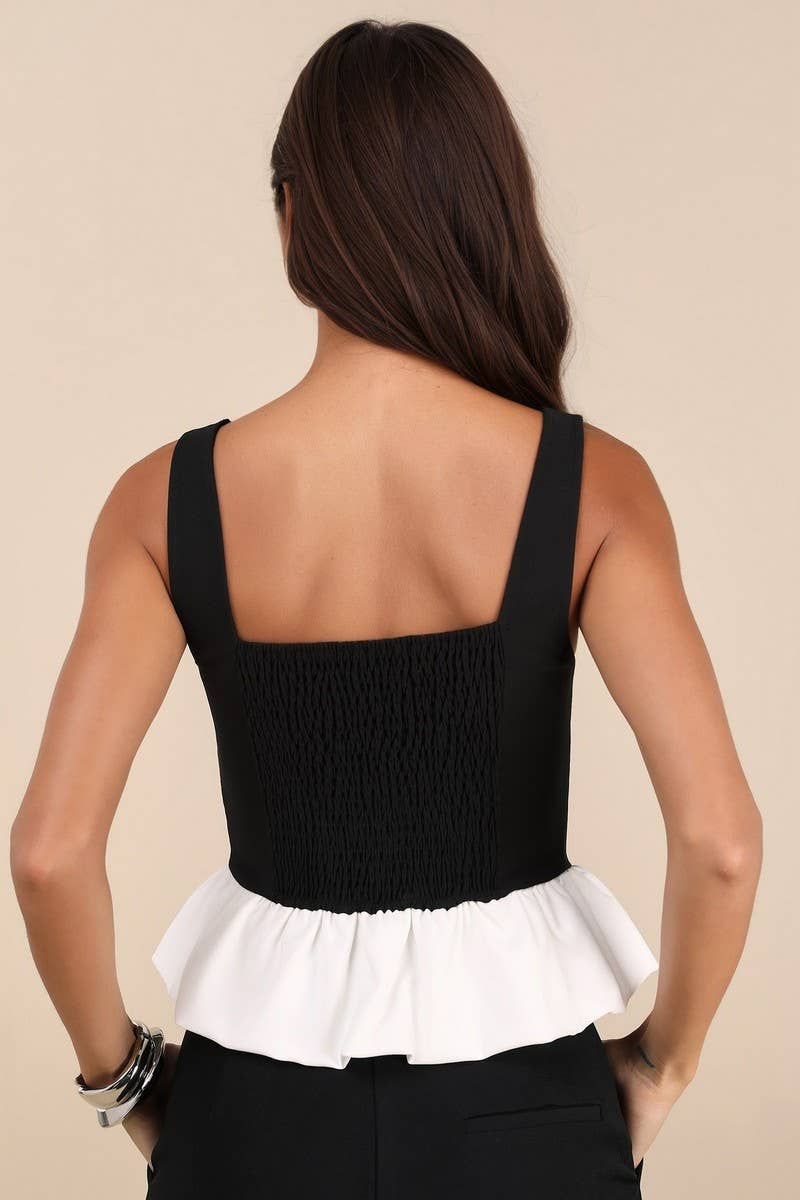 CWTTK1198_BLACK AND WHITE PLEATED HEM A-LINE CAMI TOP