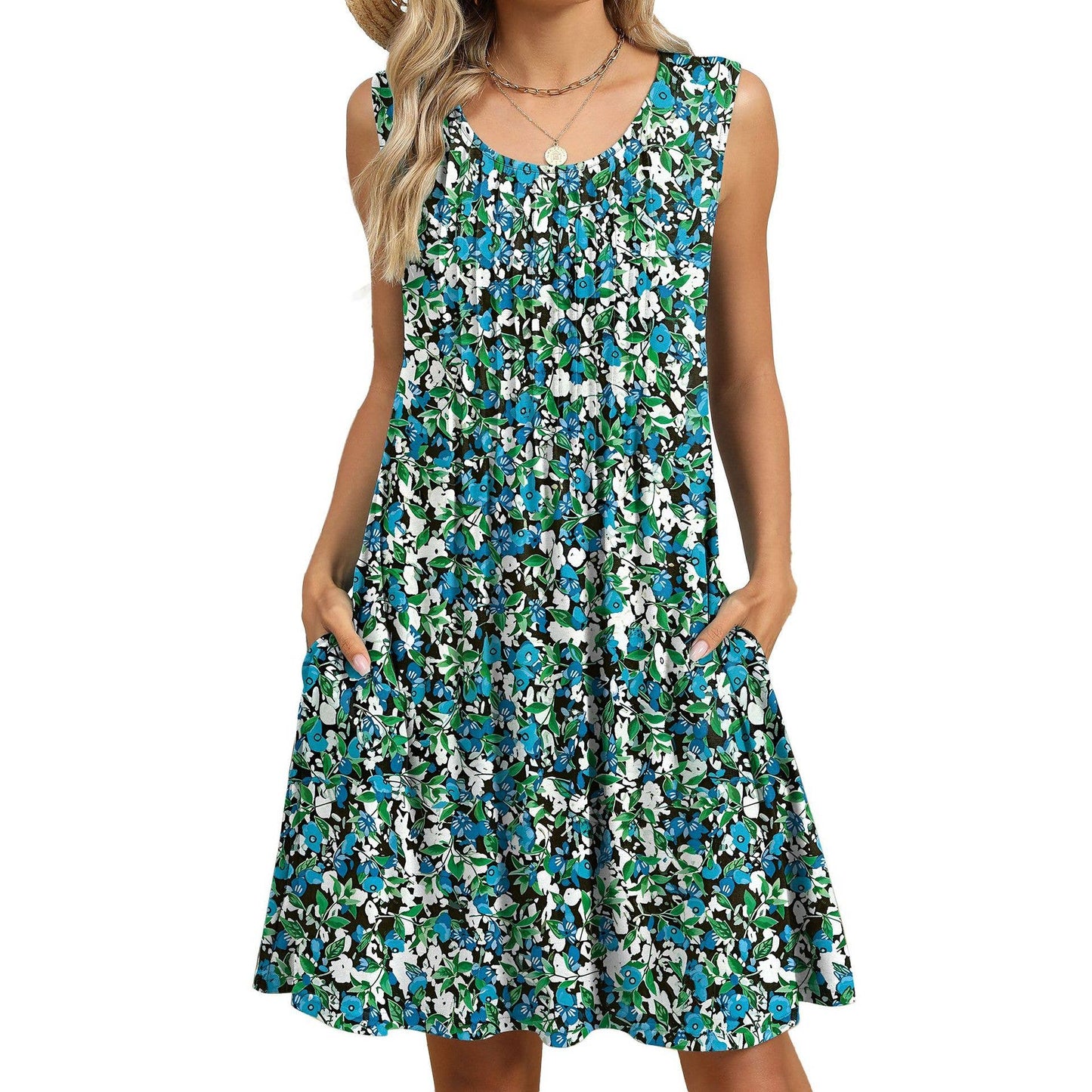 Crew-neck loose print tank top dress with pockets