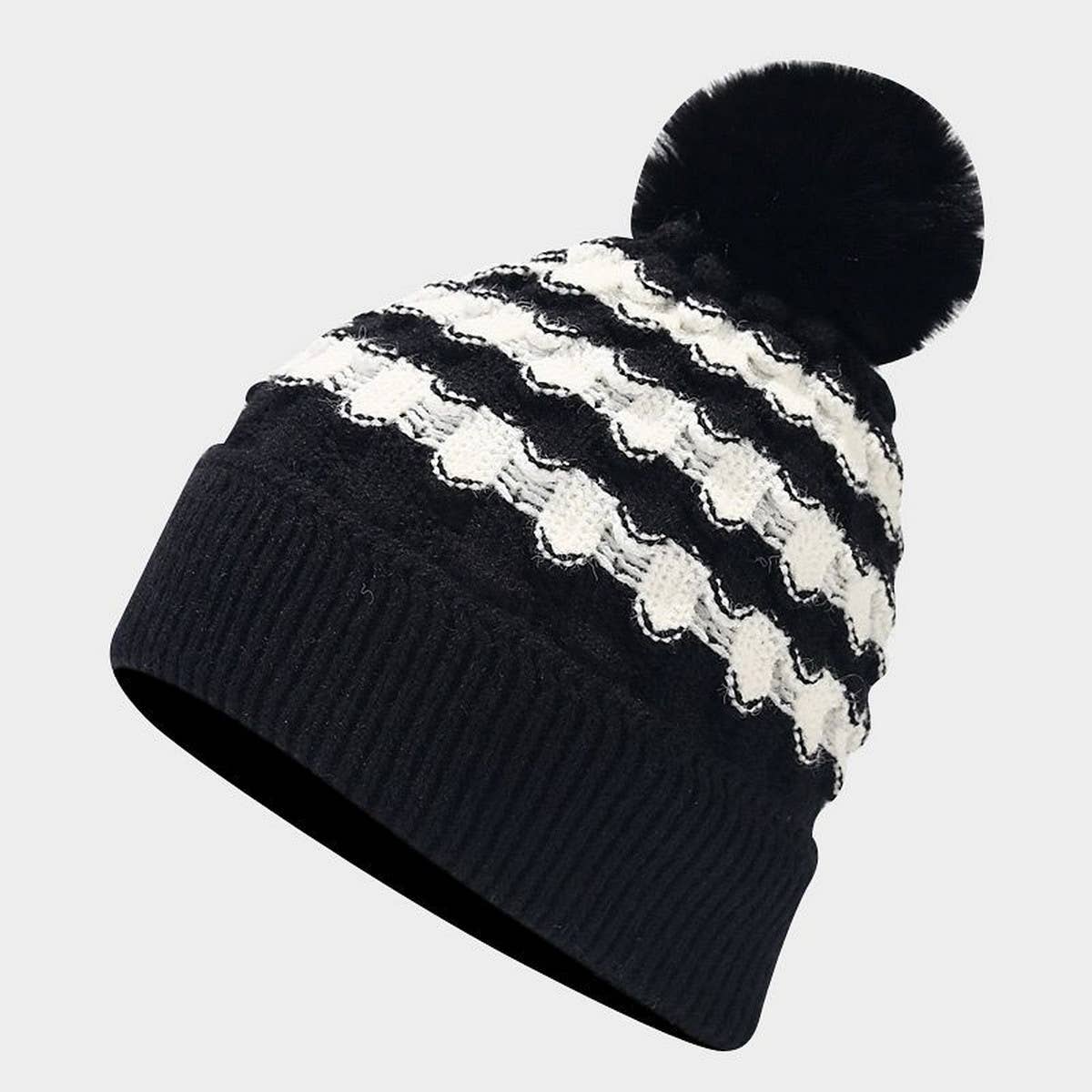 NEW CONTRAST STRIPED POM-POM KNITTED HAT_CWAH1609