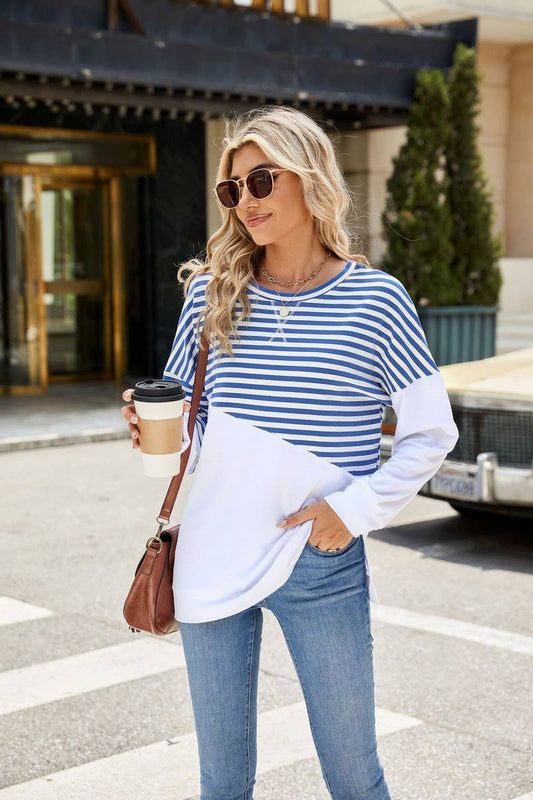 CWTBLL2368_ROUND NECK SLIT CONTRAST STRIPE SWEATSHIRT