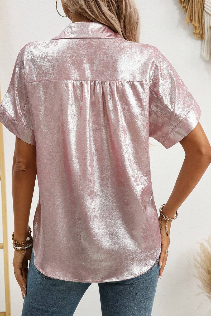 CWTBLS2257_METALLIC COLLARED SHORT SLEEVE RELAXED SHIRT