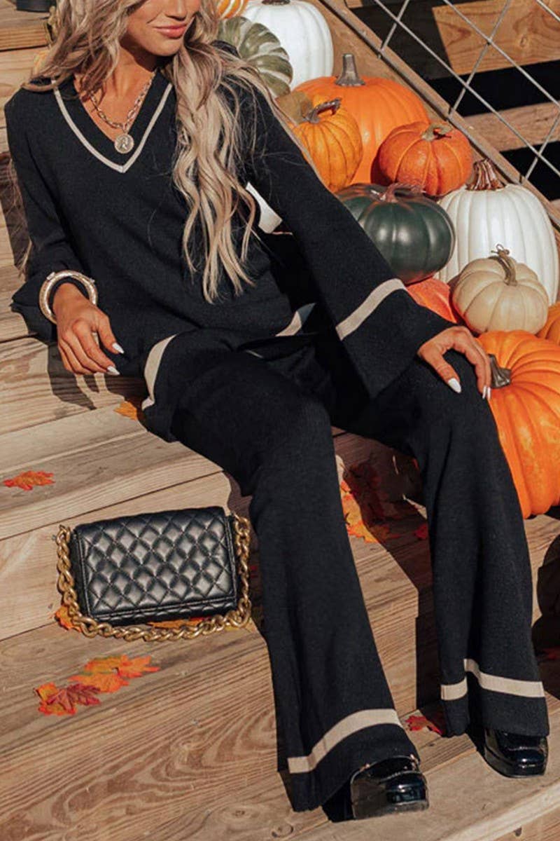 CWSTB1168_CONTRAST-COLOR KNITTED LONG-SLEEVED TROUSERS SET