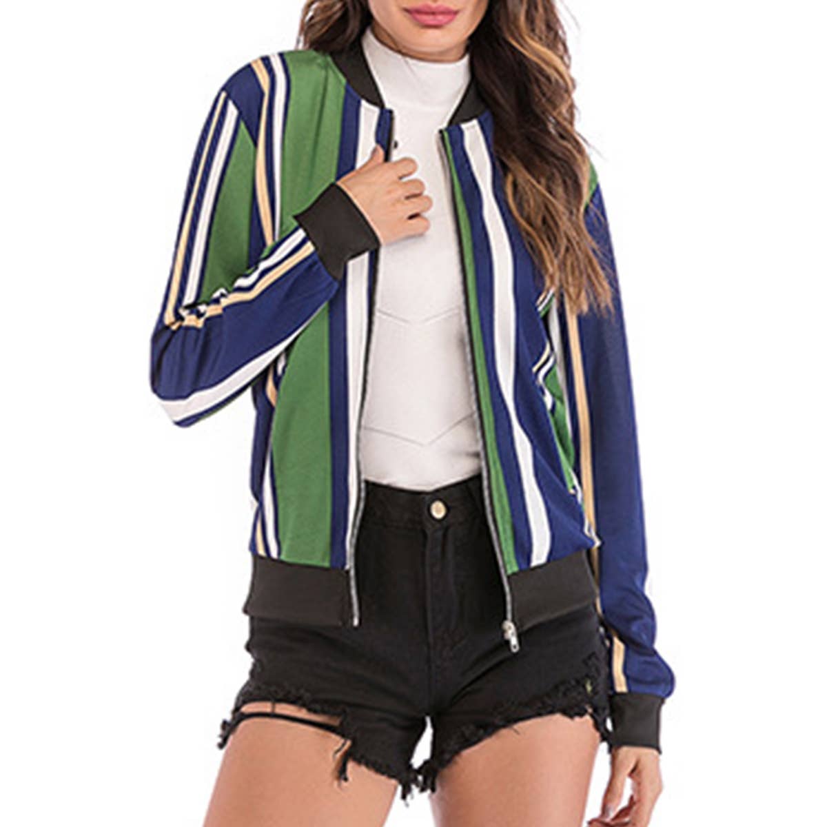 COLOR-MATCHING VERTICAL STRIPED BASEBALL JACKET