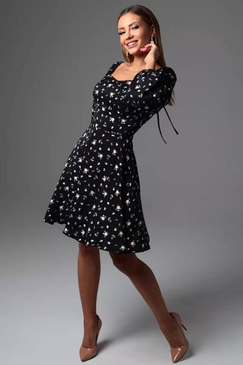 CWDSD8401_FLORAL PUFF SLEEVE TIE WAIST LINED MIDI DRESS