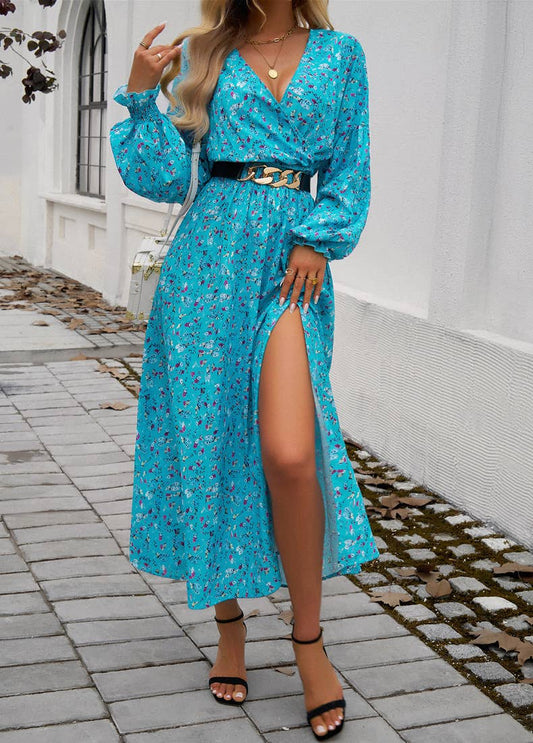 ELEGANT V-NECK HIGH-WAISTED PRINTED DRESS
